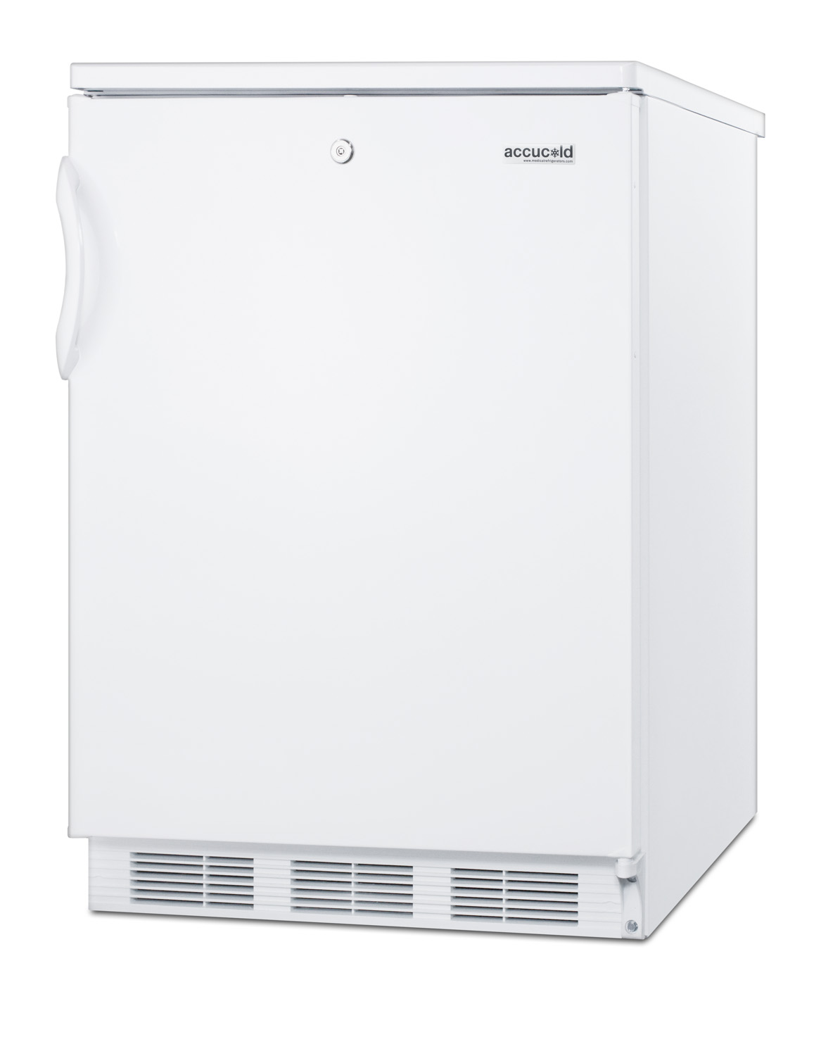 ADA compliant commercial all-refrigerator for built-in general purpose use, with lock, automatic defrost operation and white exterior
